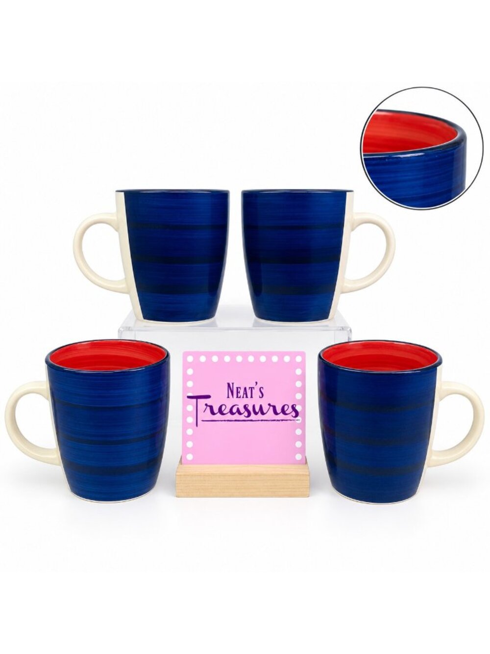 Gibson Designs COLOR VIBES Cobalt Blue Red Black 12oz Stoneware Cups Mugs Set 4